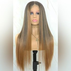 Brown Caramel highlights long straight lace front wig
